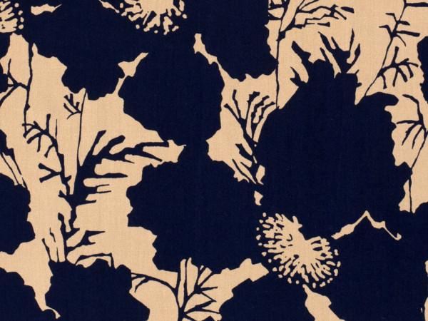 Bamboo Popeline Druck camel, Blumen marine
